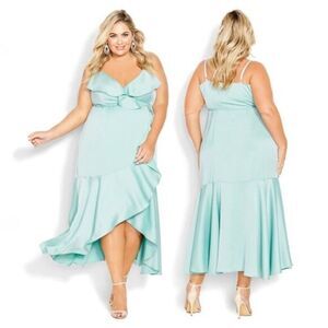 City Chic Women's Ruffled Hi Lo Satin Maxi‎ Dress Cocktail Party